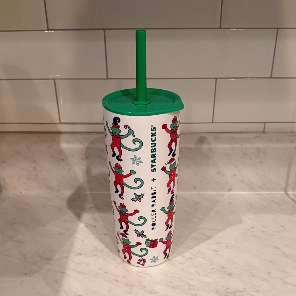 Starbucks rare Roller Rabbit Tumbler with Green Lid and Straw